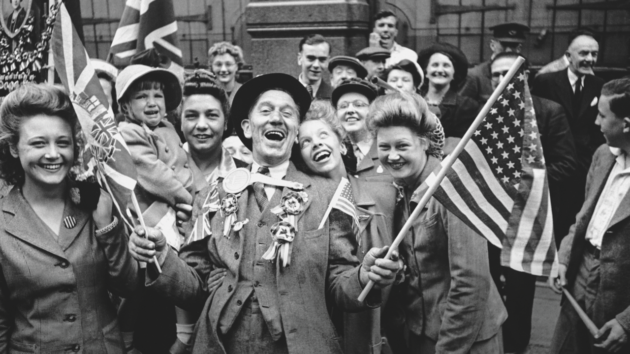 Crowds celebrate V-E Day in Piccadilly, London on May 8th, 1945