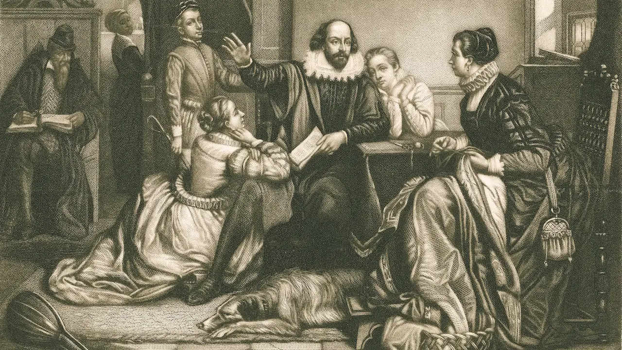 Shakespeare with his family, at Stratford, reciting the tragedy of Hamlet, a 19th century print by George Edward Perine